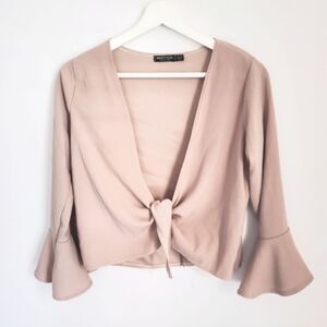 Nasty Gal Tan Bell Sleeve Tie Wrap Blouse Size 6